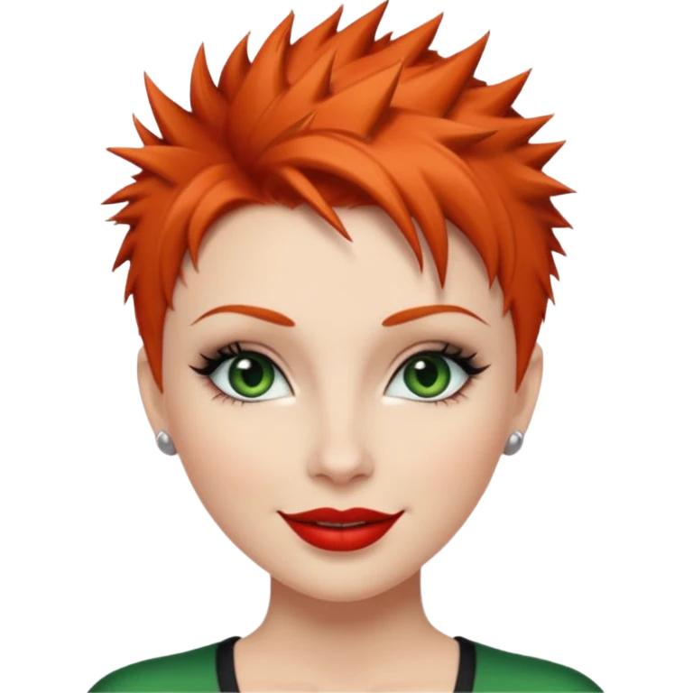 Short spikey Ginger hair, green eyes, black long eye lashes large red lips White woman happy emoji