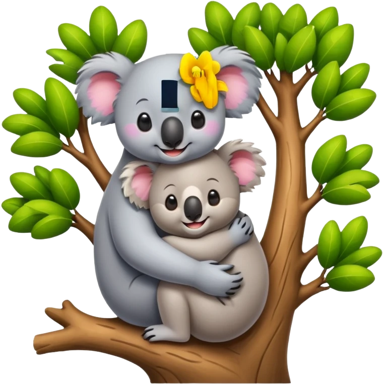 Koala and tree character hugging each other, add a face to the tree emoji