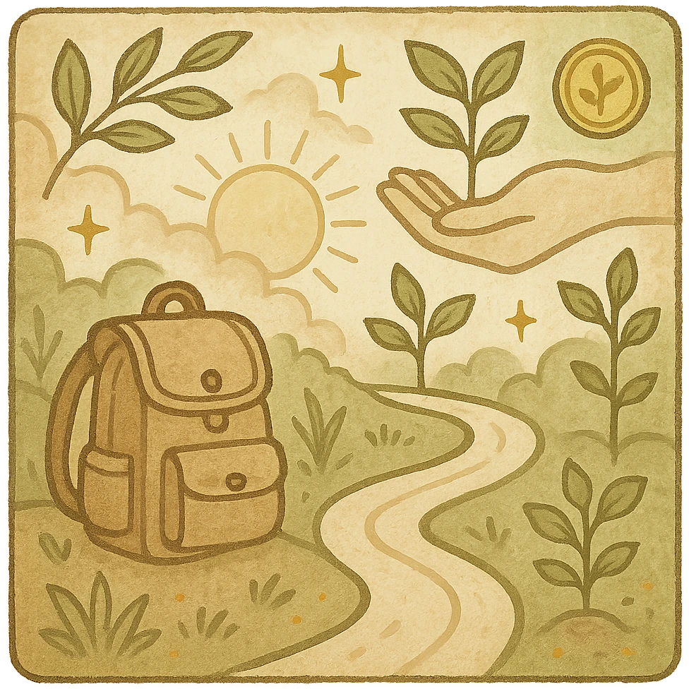 healing, literary-style avatar in soft warm color scheme beige, light brown, green, pale yellow, abstract symbols of growth and wealth like backpack on winding road with small golden accents, no text, square composition emoji