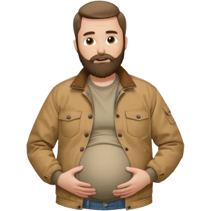 Bearded man rubbing pregnant belly poking out of shirt wearing a tan canvas carhartt jacket emoji