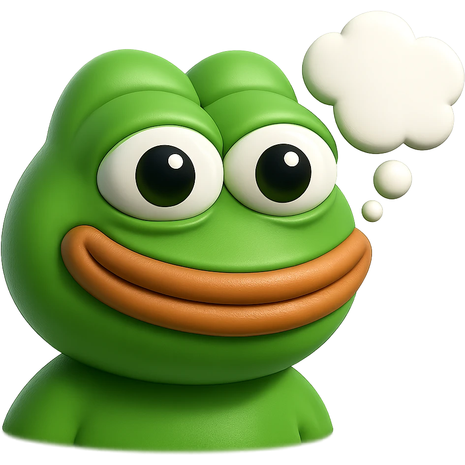 make a pepe in bright green smiling and looking straight at the camera with thought bubble looking at right right in 3d style, good highlights and shadows, drop shadows emoji