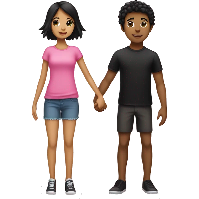 Emoji of a tan girl with black hair wearing pink and a boy with black hair wearing black holding hands emoji