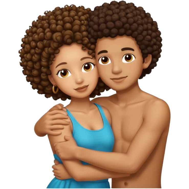 A lightskin with afro boy and brown skin girl with curls hug emoji
