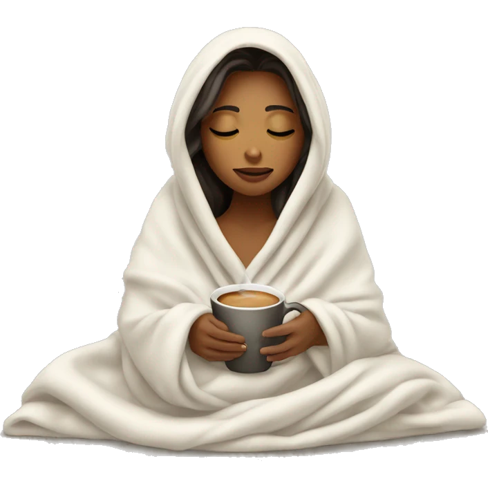 girl inside a blanket sipping coffee eyes closed, white  emoji