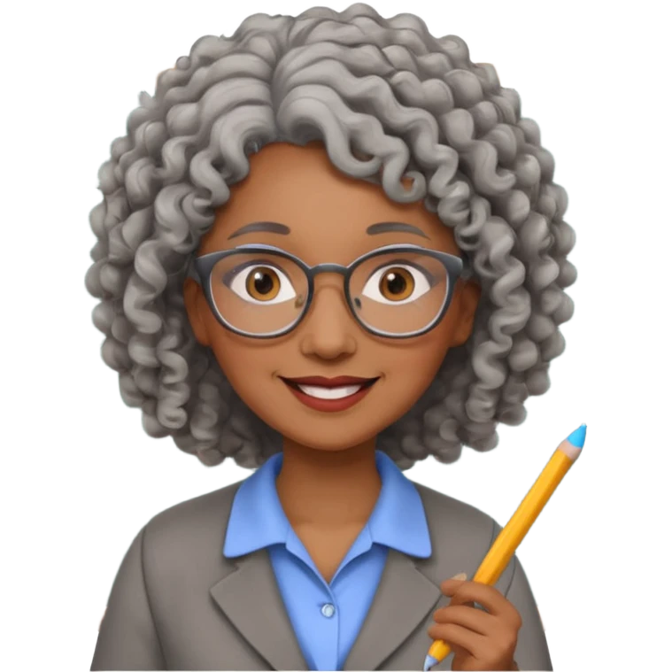 woman teacher, brown skin, curly grey hair, old, wearing glasses, hold chalk on hand emoji