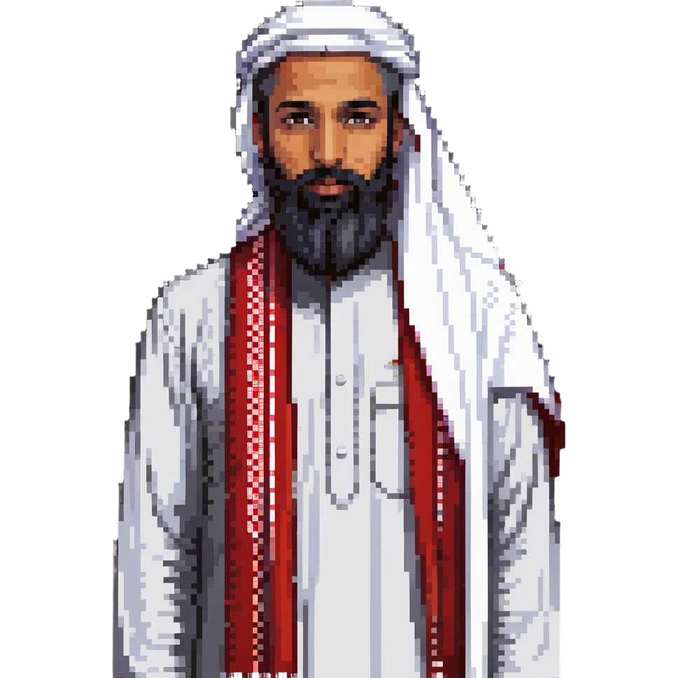 Saudi man with sharp features, wearing a white thobe and a red shemagh, wide beard emoji