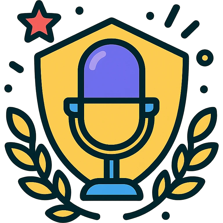 microphone icon representing an application achievement with celebratory elements, badge or trophy style emoji