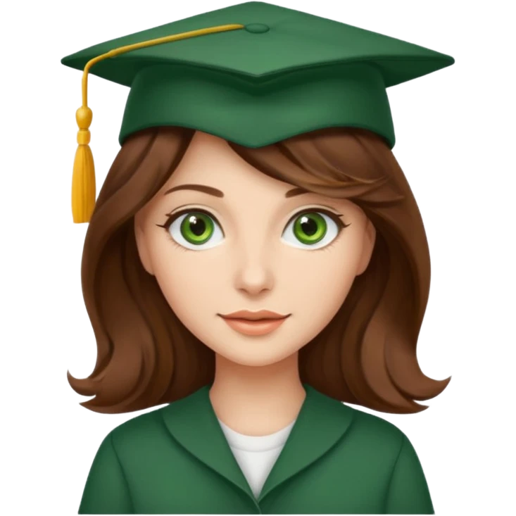 beautiful  woman with wavy brown hair and green eyes with school hat emoji