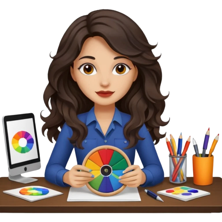 female dark wavy long hair graphic designer , holding color wheel , pens, papers, desktop emoji