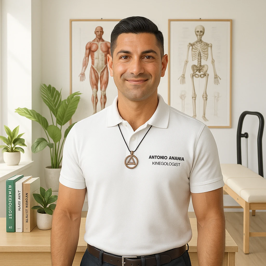 Create a photo-realistic illustration of a male kinesiologist named Antonio Anania in his private studio. He has a calm, confident expression and wears a fitted polo shirt or lab coat. The studio is bright and minimalistic, with wooden elements, anatomical posters, and natural plants. Books on kinesiology, anatomy, and natural health are neatly displayed. A massage table and exercise equipment are in the background. The style should be clean with natural light, professional but warm atmosphere. The face and features should closely resemble the person in the reference image. emoji