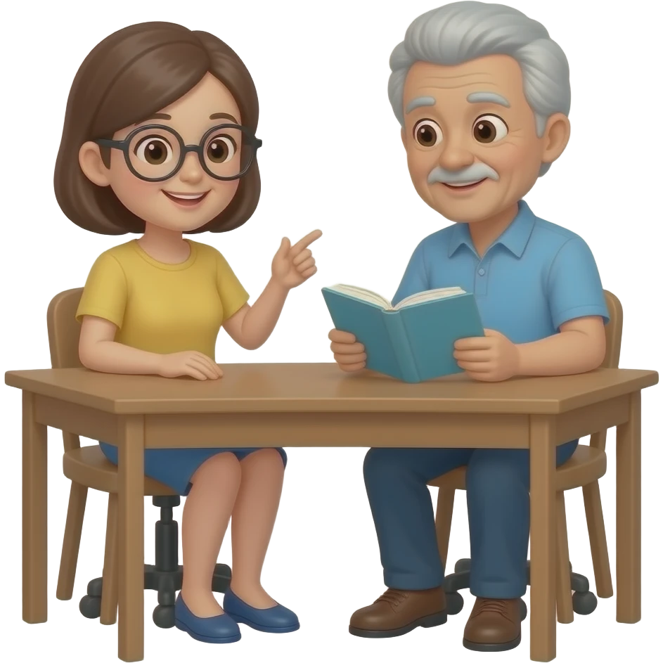 one older adult teaching another adult to read sitting at a desk with one book emoji
