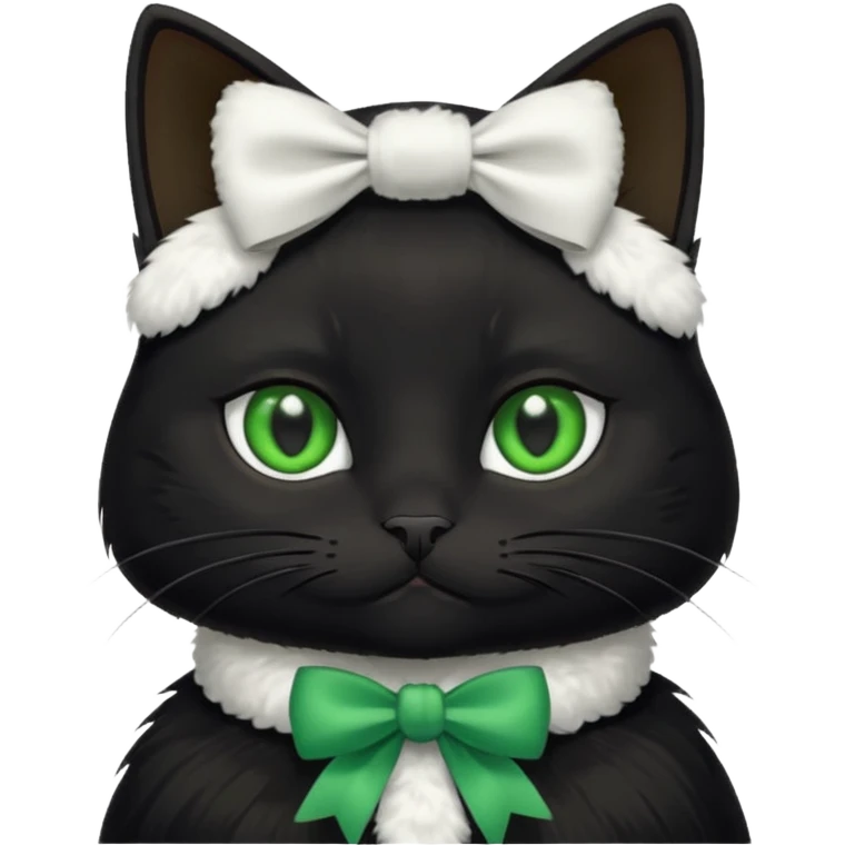 A black cat with sly green eyes and a white bow around its neck emoji