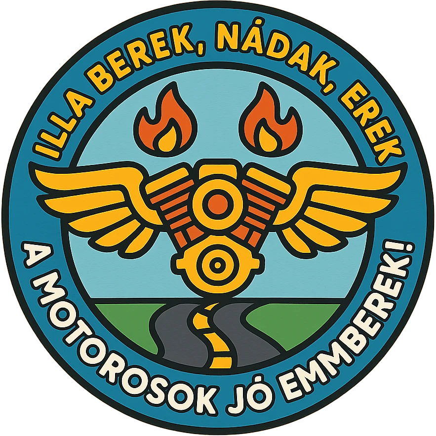 circular design for motorcycle cap, text 'Illa berek, nádak, erek, a motorosok jó emberek!', motorcycle motifs including motor, wings, flames, road, cheerful style emoji