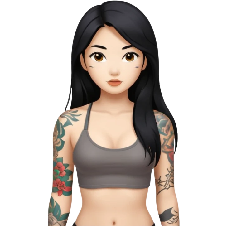 Sexy and fit Asian girl with long black hair and tattoos on body sfw emoji