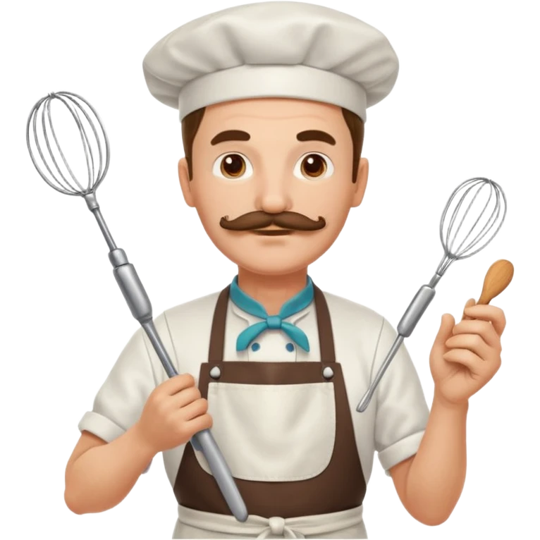 Middle-aged male pastry chef – mustache, wearing apron and whisk in hand
 emoji