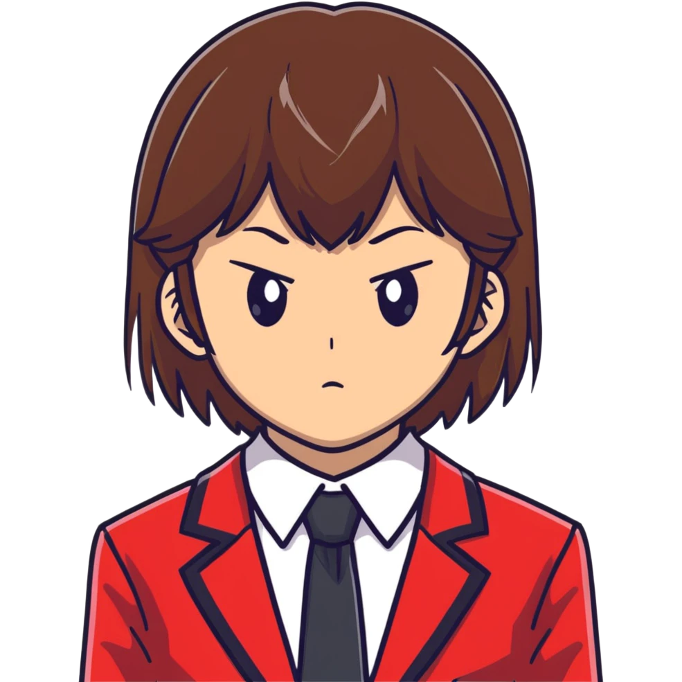 Kiyotaka Ayanokoji from Classroom of the Elite, calm emotionless eyes, medium-length straight brown hair with bangs, serious neutral expression, school uniform with red blazer and tie, face close-up emoji