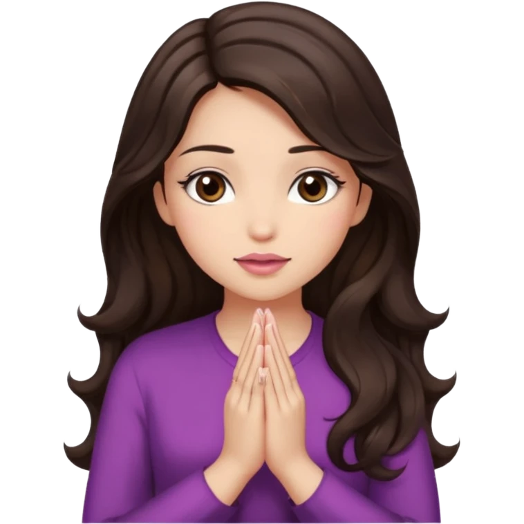 girl with wavy long glamorous dark brown hair, brown eyes, light to medium complexion, long lashes, light pink lipstick, praying emoji