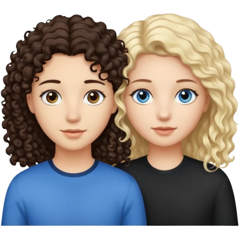 two best friends one brown eyes dark curly hair and the other, blond straight hair, blue eyes emoji