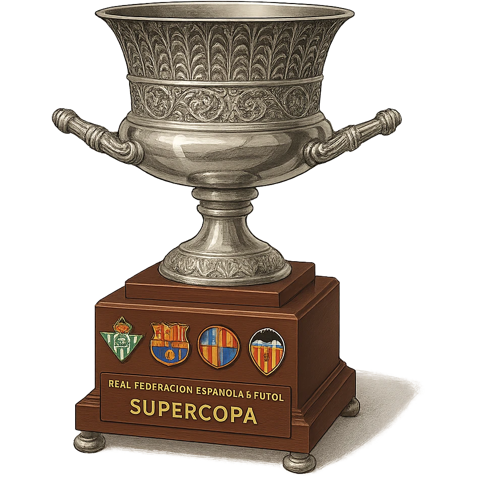 Фотореалистичный и изометричный кубок Supercopa de España, объемный чуть слегка рисованный стиль, прозрачный фон emoji