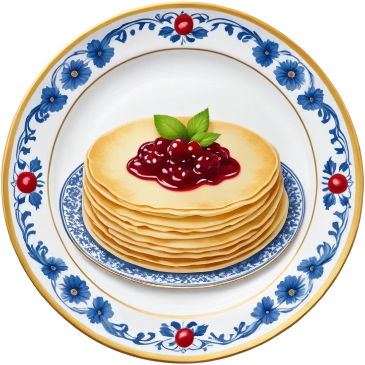 scandinavian round crepes with jam on white porcelain plate with blue floral vintage design emoji