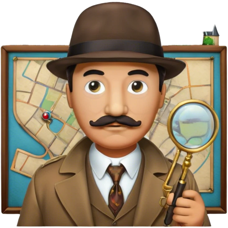 A colorful collage featuring Detective Poirot Detective Poirot with a long curling moustache, with a magnifying glass, revolver and a mysterious city backdrop. Include a board with photos of suspects, fingerprints, and a crime scene. Retro movie poster style. Transparent background. emoji