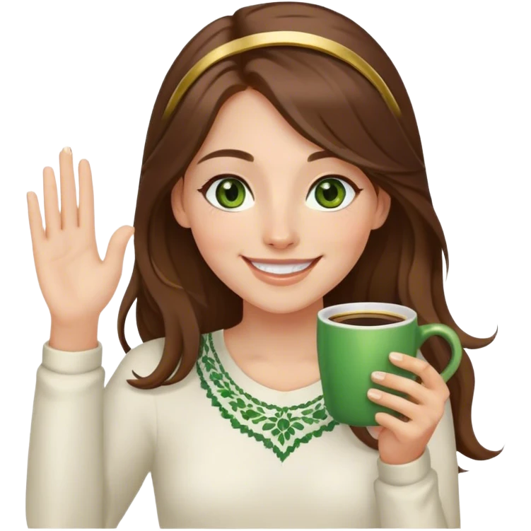 Long, Brown haired girl with middle hair part, green eyes, gold hoop nose ring, smiling, waving with one hand, coffee mug in the other emoji