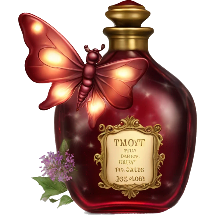 Dark red magic fairy light sparkling old Antique oil perfume bottle with herbal and flowers emoji