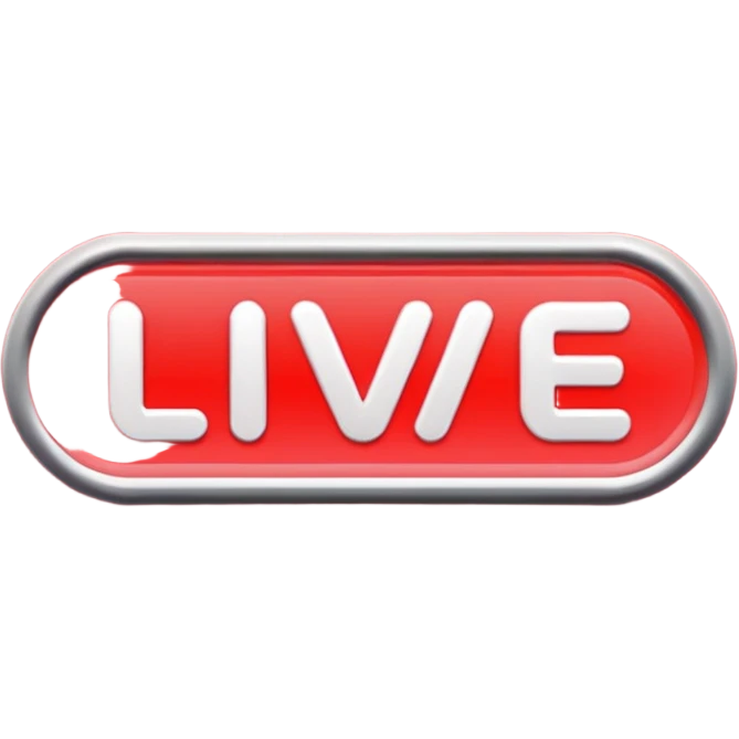 "LIVE" text badge, bold white letters on neon red rounded rectangle background, soft red glow, modern broadcast indicator style, Twitch/YouTube live aesthetic, black background emoji
