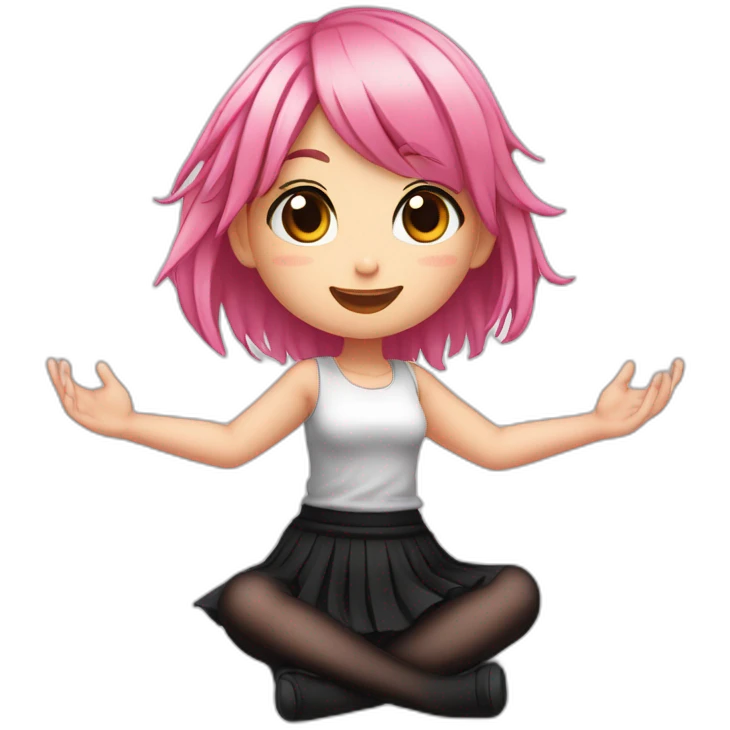 Full body Front view curvy emo girl pink hair sits on the floor straight view hands up black skirt полосатые рваные чулки emoji