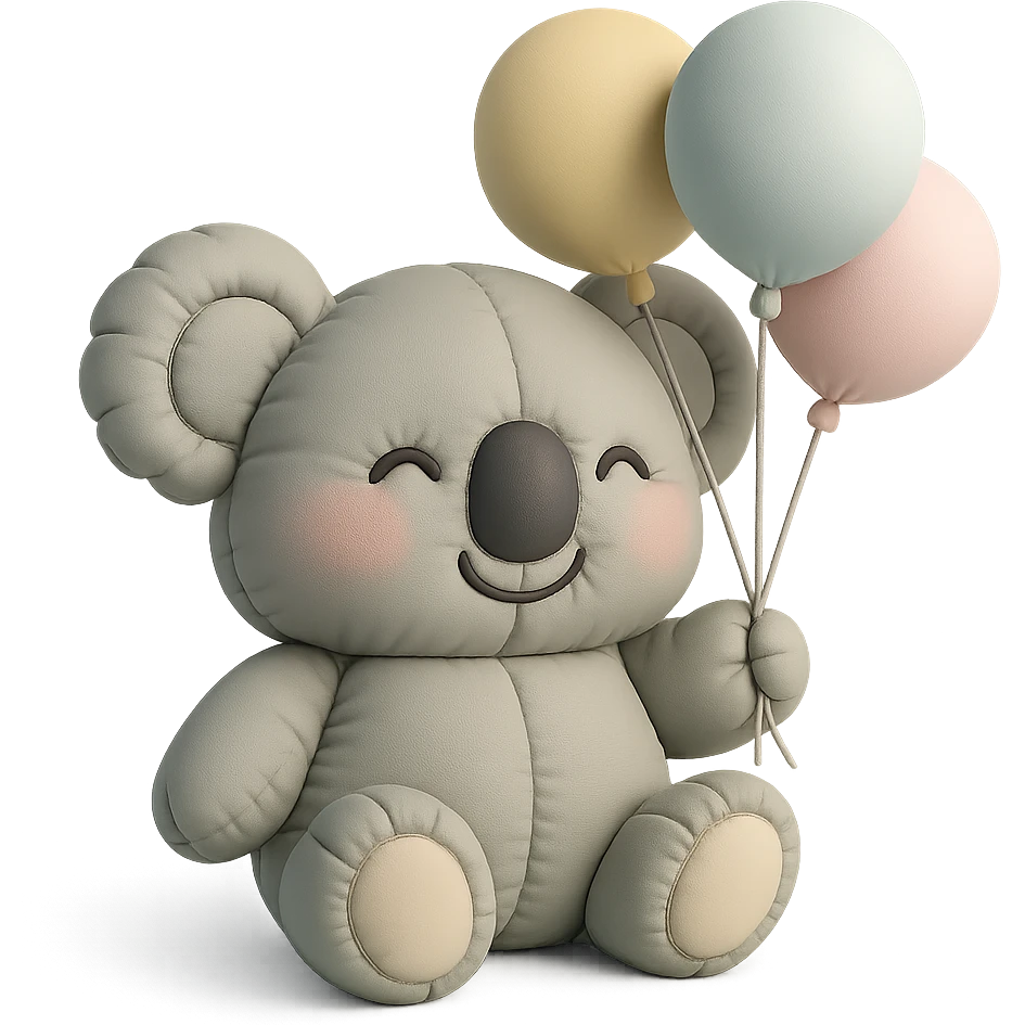 koala floating with pastel balloons, happy face, cushion style emoji
