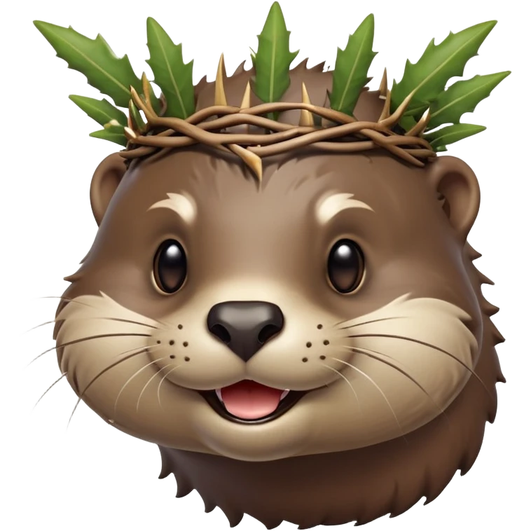 really cute smiling joyful otter face in three-quarter profile view with simple thorny stem wrapped horizontally around its forehead like Jesus Christ's Crown of thorns, no crown shape on top, just thin spiky branches circling the forehead, Apple emoji style, glossy finish, smooth gradients emoji