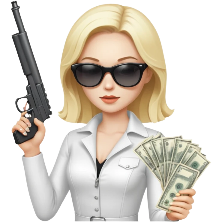 Mafia blondes woman in sunglasses, gun ,money , white costume  emoji