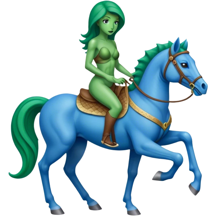 reptilian alien green woman, rides blue horse
 emoji