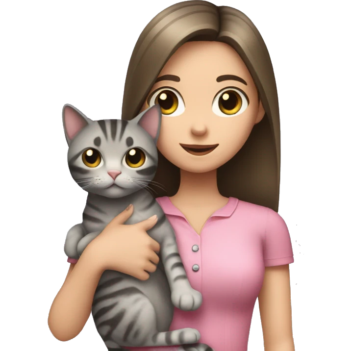 Brunette girl with straight hair in a pink blouse, holding a gray, striped, brown-eyed cat with a bow in her arms emoji