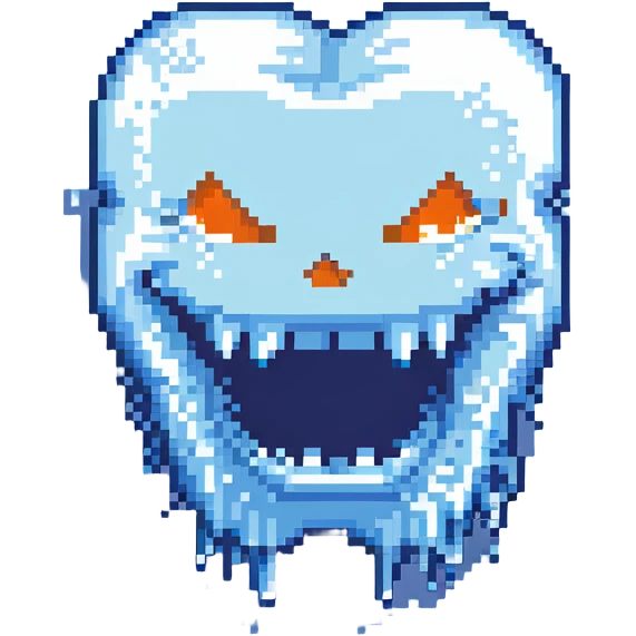 Pixel art blue freezing face with chattering teeth and ice crystals emoji