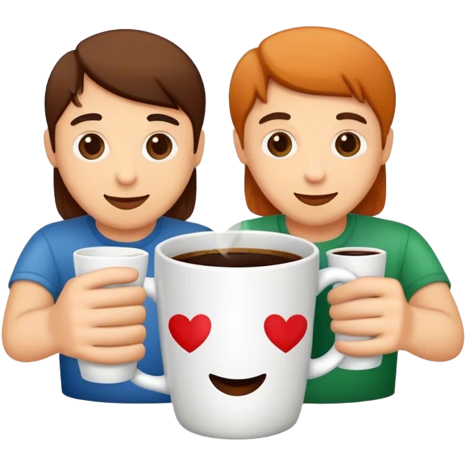 friends drinking coffee in a mug with the logo “v.love” emoji