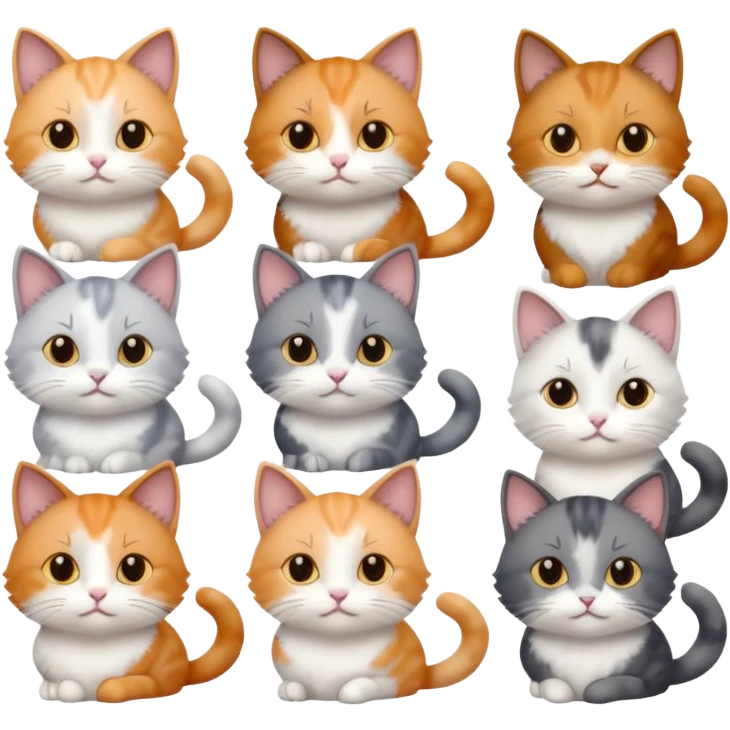 6 realistic looking cats with different natural coloured coats, assorted grey and white, greys, calico, brown and white colours etc
 emoji