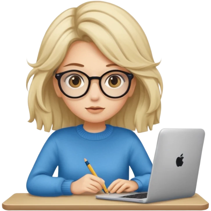 ragazza bionda con capelli molto lunghi, con occhiali tartarugati, occhi azzurri, con maglione beige, seduti alla scrivania che lavora al pc emoji
