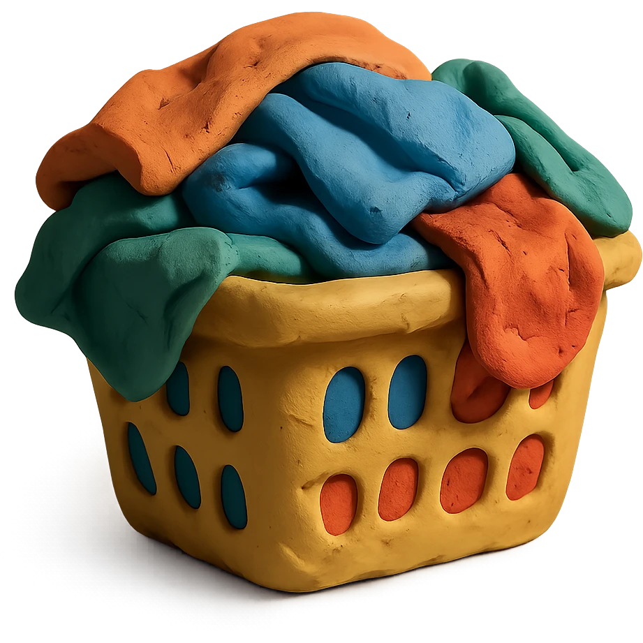 laundry basket filled with colorful clothes, visible fingerprints, soft lighting, claymation style emoji