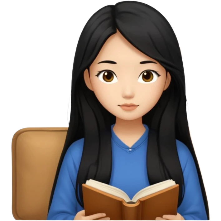 Beautiful Asian girl with long black hair reading book cozy aesthetic emoji