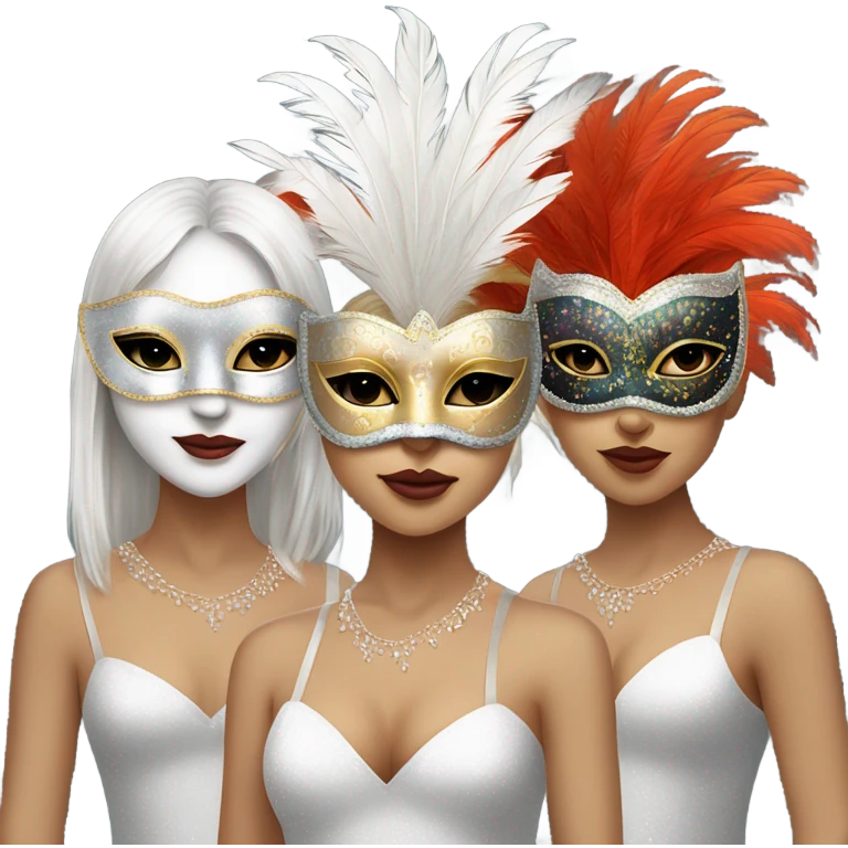 
three white-skinned girls festively dressed up in a full-length feathered masquerade mask emoji