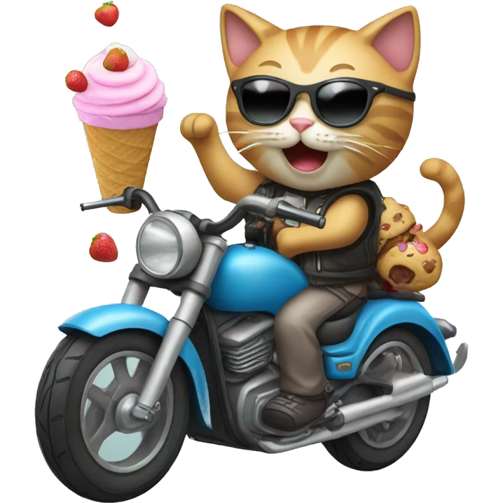 Cat riding motorcycle with sunglasses and icecream emoji