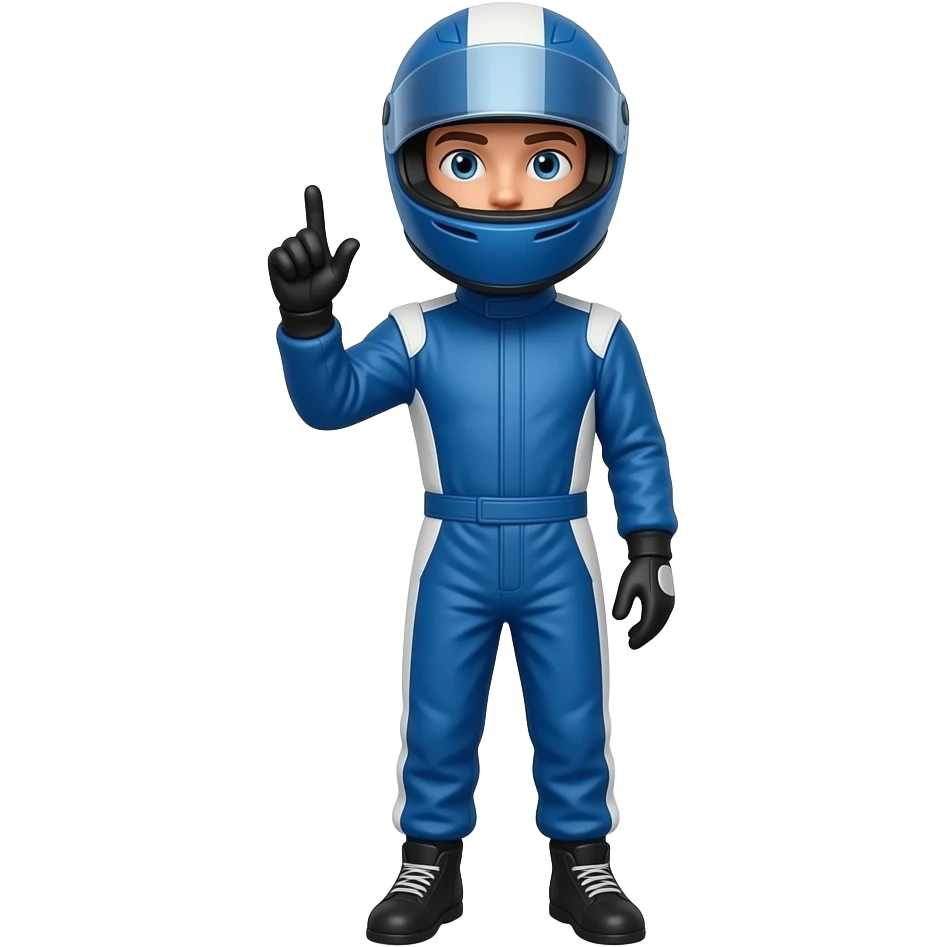 f1 racer posing with blue costume, using blue costume and helmet, thanks pose emoji