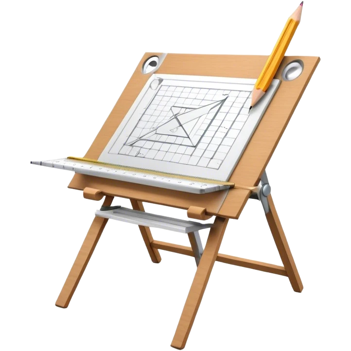 Sleek icon for Architecture: engineer's drawing board with 3D model of the building,  pencil, architect's easel, rulers and protractor. Transparent background. emoji