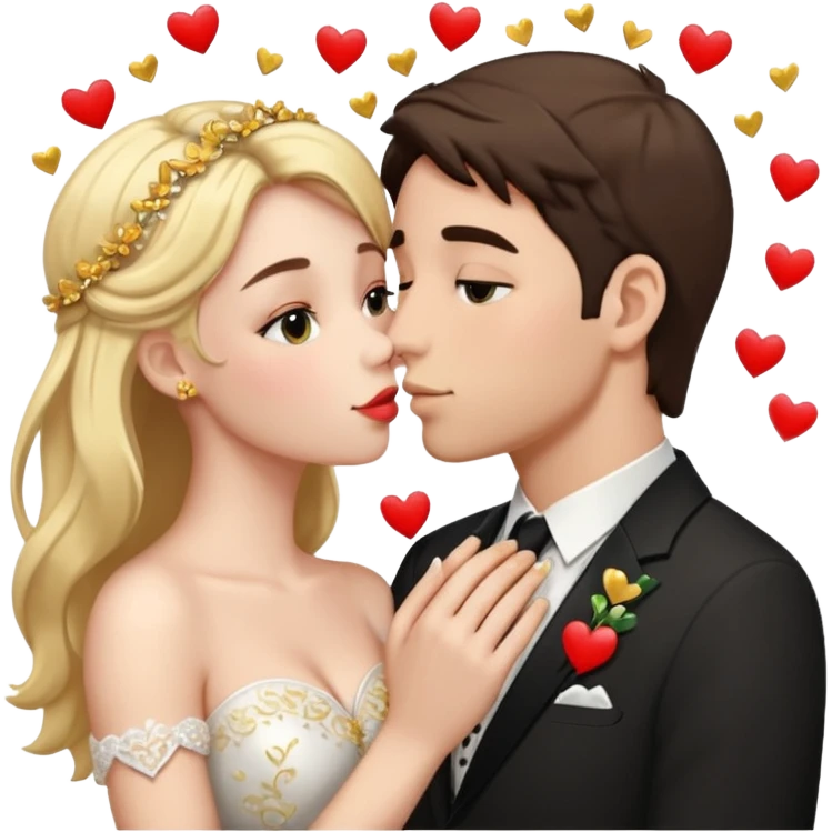Девушка целуется с мужчиной. Они в свадебных нарядах. На фоне сердечки и кольца  emoji