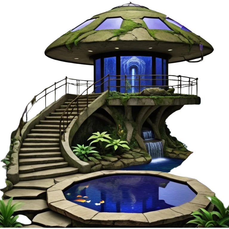 Alien saucer house jungle-vines precarious narrow stairway fountain koi pond mountain-island getaway nighttime landscape antique mudman very old broken cracked intricate Stone Age lapis-crusted irregular dodecagon-shaped shallow dark moss rough bark violet serissa flowered maple tree bonsai emoji