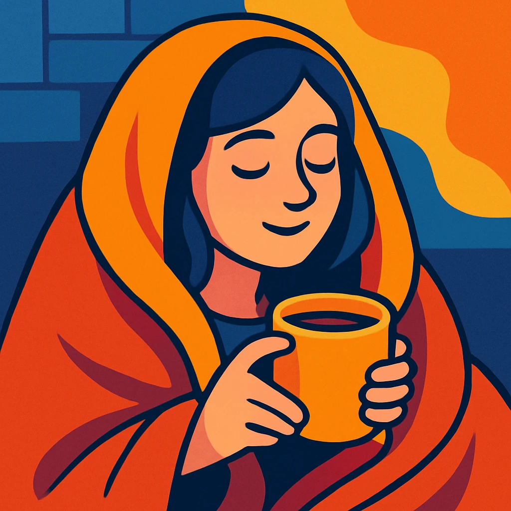 girl inside a blanket sipping coffee, eyes closed, style 8 emoji