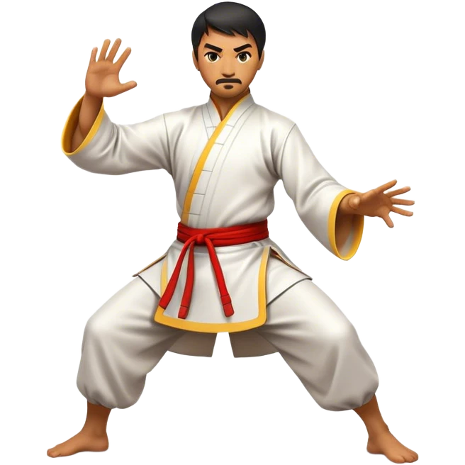 Cinematic Realistic Kung Fu Action Emoji, depicted as an epic martial arts scene with a master executing a precise move in traditional attire, rendered with fluid motion and vibrant textures under dramatic high-contrast lighting. emoji