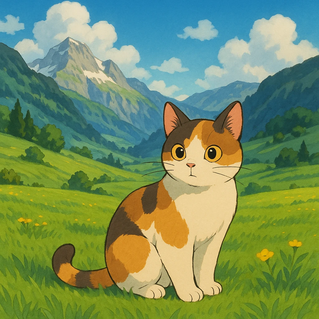 cat in Ghibli style on green Swiss meadows and mountains emoji