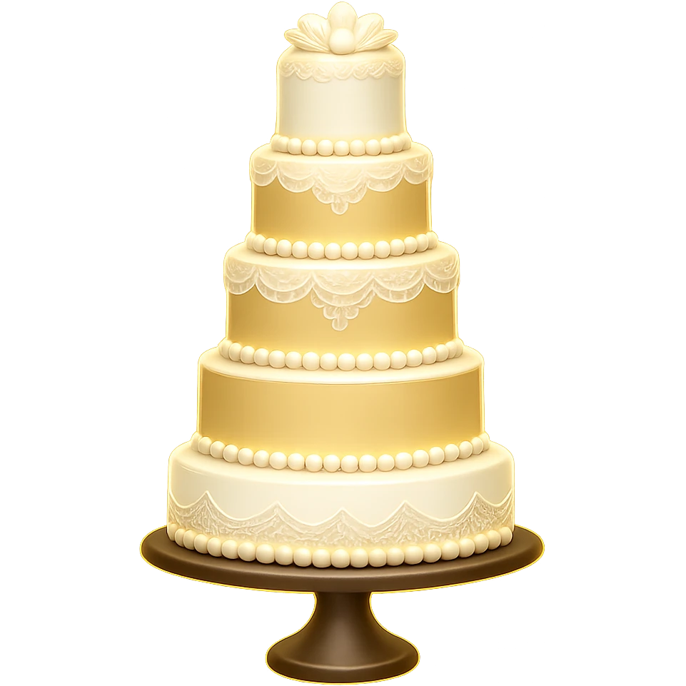Add a soft glow effect to the elegant white wedding cake with lace details. Keep the background transparent. The style is emoji style with a soft glow effect. emoji